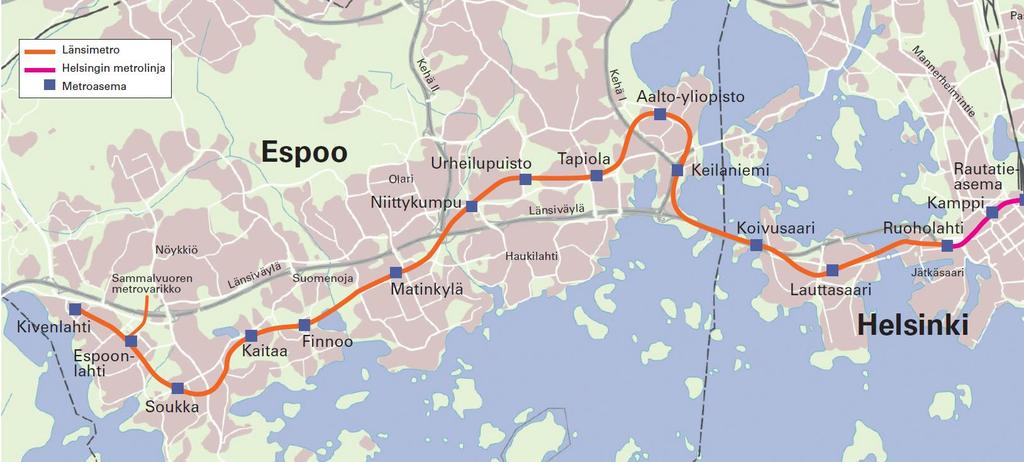 kilometriä 8 uutta asemaa: Lauttasaari, Koivusaari, Keilaniemi, Aalto-yliopisto, Tapiola, Urheilupuisto, Niittykumpu, Matinkylä Liikenteelle