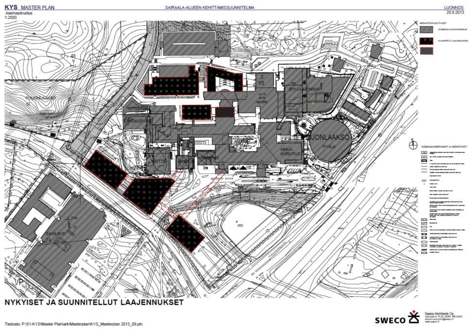 19 Kuva 2 Puijon sairaala-alueen mahdolliset tulevaisuuden pitkän aikavälin rakentamisen laajennusalueet tummalla värillä merkittynä 2.