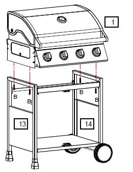 Vaihe 7 Liitä grillin kokoonpano (1) grillivaunun vasemmanpuoleiseen sivupaneeliin (13) ja grillivaunun oikeanpuoleiseen sivupaneeliin (14) käyttämällä M6*35 mm pultteja (B).