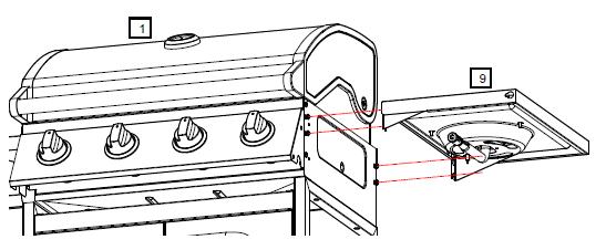Vaihe 11 a: b: a: Ruuvaa 4 kpl. M6*12 mm pultteja (A) grillin kokoonpanon (1) oikealle puolelle. Kierrä pulttien kierteitä pulttireikiin puoleen väliin asti.