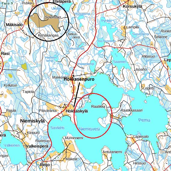 3 Kuva 1. Soidinsuon, Hokkasenpuron sekä Niemisveden verkkokoekalastusalueen (punainen ympyrä) sijainti. 3.