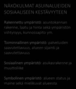 Toiminnallinen ympäristö: palveluiden saavutettavuus, alueen sijainti ja saavutettavuus Sosiaalinen ympäristö: asukasrakenne ja muuttoliike Symbolinen ympäristö: