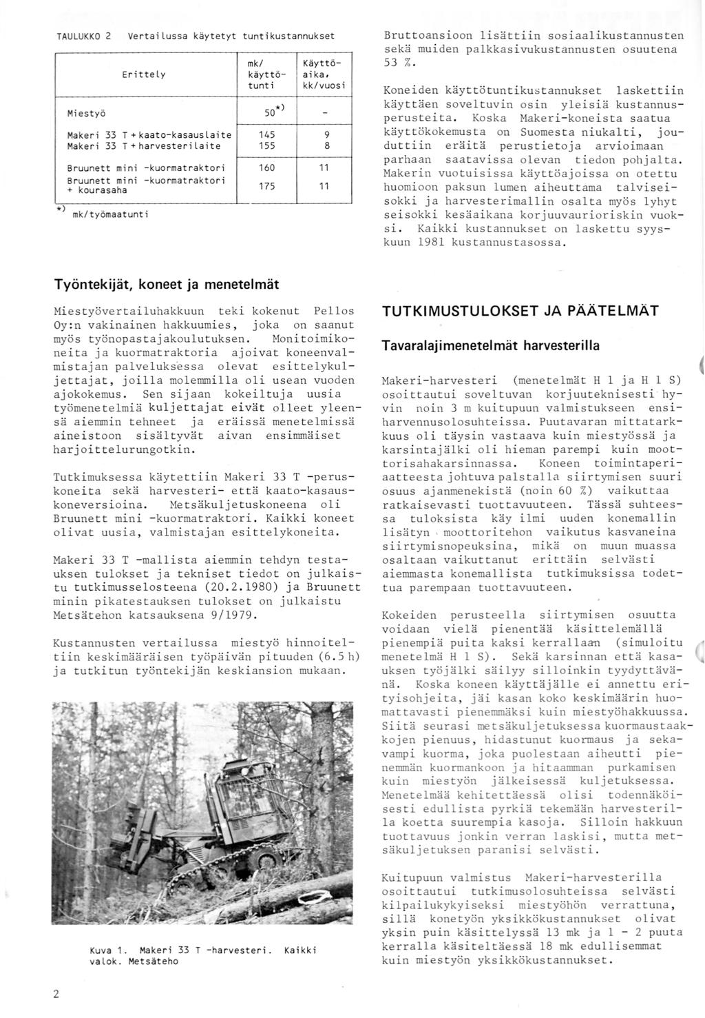 TAULUKKO 2 Verta ilussa käytetyt tuntikustannukset Erittely Miestyö mk/ käyttötunt i Käyttöaika.