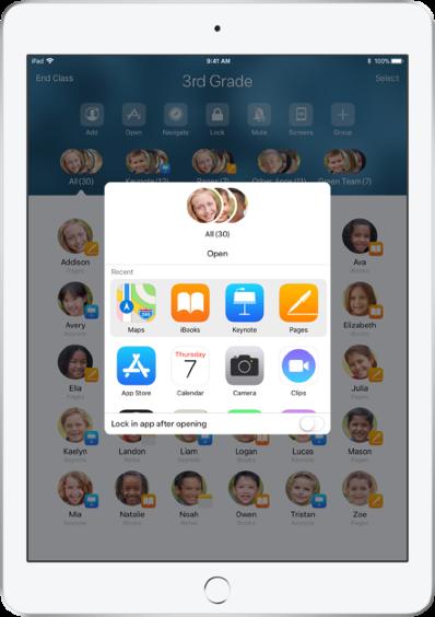Avaa ja lukitse appeja. Avaa jokin appi kaikkien oppilaiden ipadeilla samaan aikaan. Voit myös lukita ipadin tiettyyn appiin, jotta oppilaat keskittyvät aiheeseen tai kokeeseen.