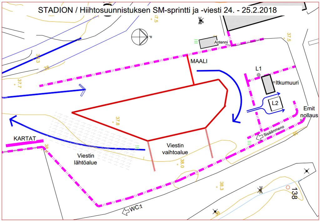 23.2.2018 12 (13) Ensimmäisen osuuden viestinviejät siirtyvät lähtöalueelle kilpailijat sisään -portin kautta noin 10 minuuttia ennen lähtöä.