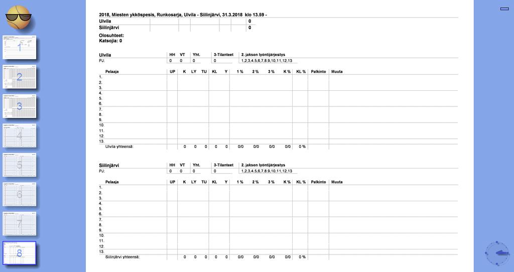 22 Sivulle 8 tulee ottelun tilastot. Tämä sivu yleensä tulostetaan ottelun tauolla, jotta joukkueet saavat katsella ensimmäisen jakson tilastoja.