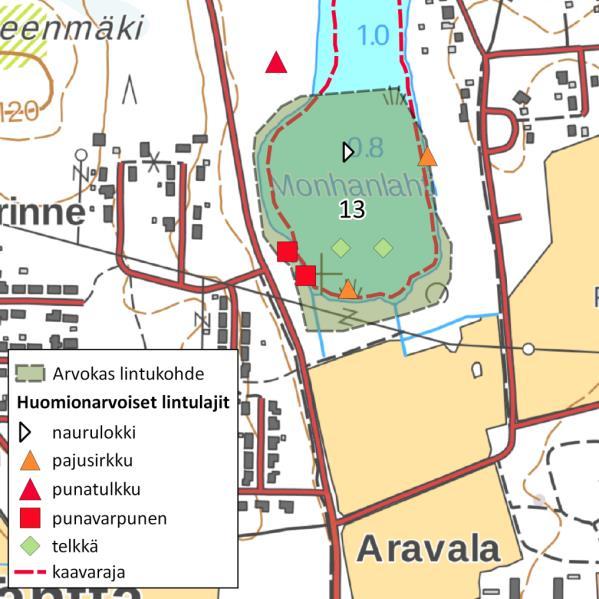 FCG SUUNNITTELU JA TEKNIIKKA OY Raportti 21 (25) Kuva 17. Pohjantikan ruokailujälkiä kuusen rungolla (vas.) ja todennäköisesti kanahaukan ruokailujätöksiä (oik.) Alarannan metsäalueella. 13.