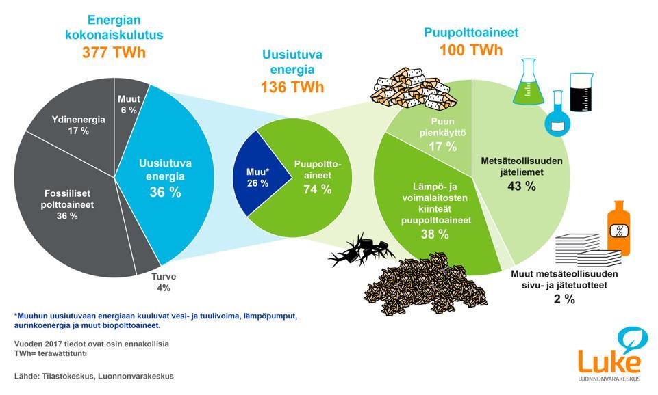 Energian kokonaiskulutus ja puupolttoaineet 2017 Puu on tärkein energianlähde Suomessa. Vuonna 2017 puun käyttö energialähteenä oli suurempi, kuin koskaan aikaisemmin.