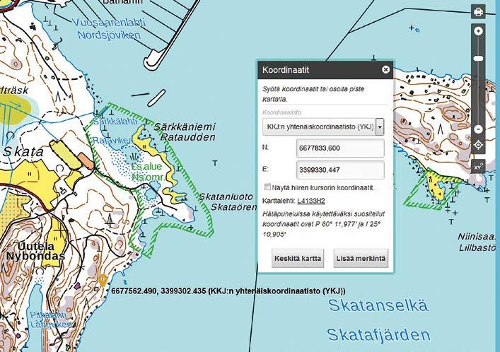Näkymä laji.fi-portaalin (laji.fi/theme/ykj) koordinaattitietoihin. www-sivustoja koordinaattien etsimiseen www.laji.fi/theme/ykj www.karttapaikka.fi www.retkikartta.fi Näkymä karttapaikka.