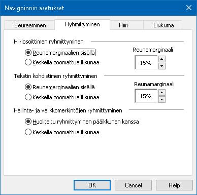 Kappale 5 Suurennuslasin toiminnot 127 Ryhmittyminen Ryhmittymisen valinnat määrittävät kuinka zoomattu ikkuna tulee näkyviin pitääkseen seuratut asiat näkyvillä.