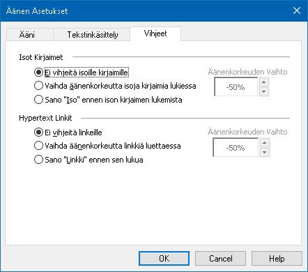 146 Vinkit Vinkit tarjoavat äänimerkkejä, kun kohtaat isoja kirjaimia, hyperlinkkejä, tai dokumentin alun tai lopun.
