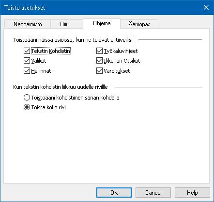 Kappale 6 Lukijan toiminnat 155 Ohjelman toistoääni Ohjelman toistoääni määrittää, mitkä asiat puhutaan kun navigoit ja käytät sovelluksia.