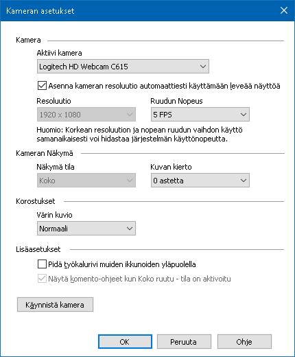 Kappale 7 Työkalut toiminnot 211 ZoomText Kameran asetukset ZoomText Kamera asetukset antavat sinun konfiguroida ja käynnistää ZoomText kameran. ZoomText kameran asetusten konfigurointi 1.