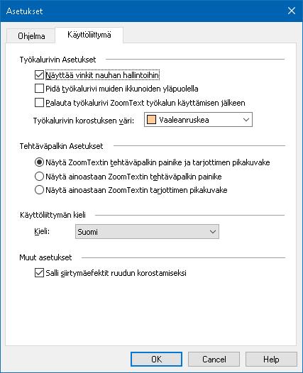 Kappale 9 Asetusten valinnat 233 Käyttöliittymän asetukset Käyttöliittymän asetukset määrittävät, kuinka ZoomText käyttöliittymä esiintyy Windows työpöydällä. Käyttöliittymän asetusten muokkaaminen 1.