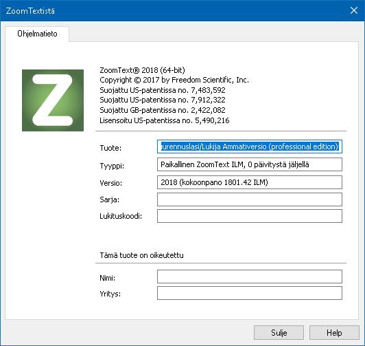 Kappale 11 ZoomText Tuki 267 ZoomTextistä ZoomTextistä valintaikkuna näytttää ohjelma ja lisenssitiedot, mukaan lukien tuotteen tyypin, version, sarjanumeron ja käyttäjänimen.