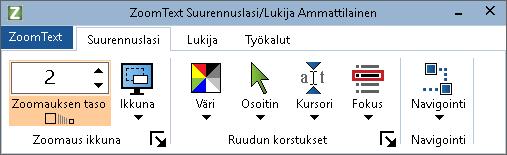 62 Työkalurivin Suurennuslasi välilehti Työkalurivin Suurennuslasi välilehti tarjoaa nopeakäyttöiset painikkeet ZoomTextin Suurennuslasin toimintojen sallimiseen ja muokkaamiseen.