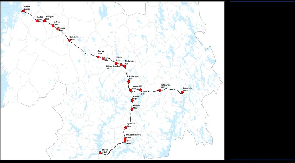 Kuvasta 11 nähdään, että merkittävimmät väestökeskittymät alueella sijaitsevat maakuntien keskuskaupungeissa Tampereella (noin 230 000), Jyväskylässä (noin 140 000), Vaasassa (Mustasaari huomioiden
