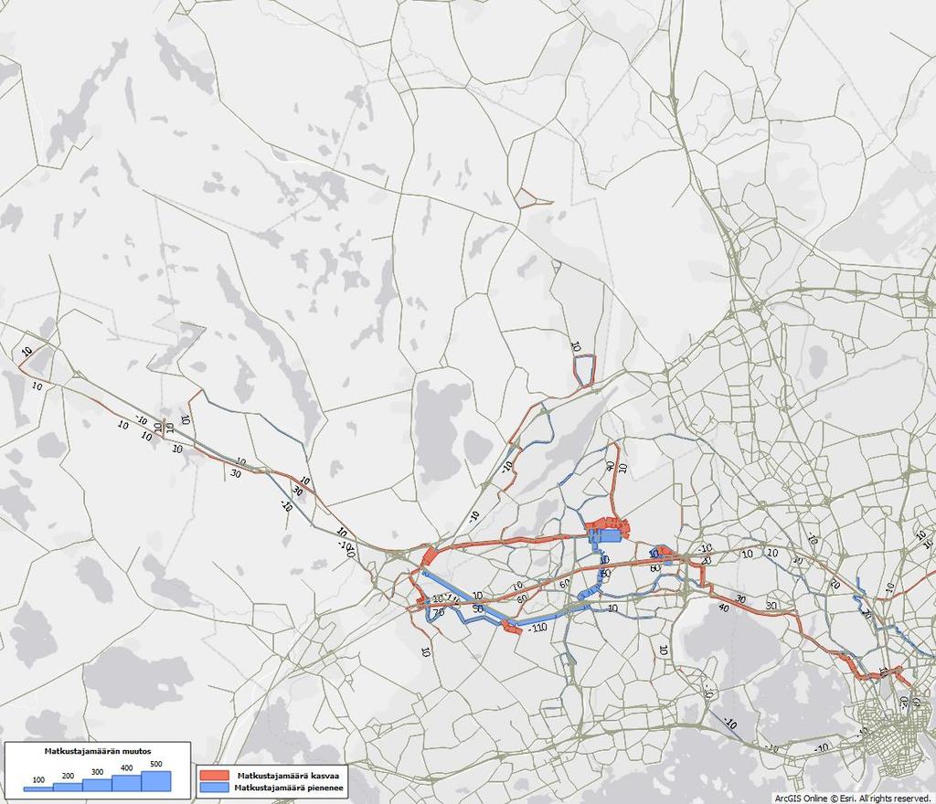 30 Kuva 14. Joukkoliikenteen matkustajamäärän muutos, AHT 2020 Punaiset linkit kuvaavat matkustajamäärän kasvamista ja siniset vähenemistä aamun huipputunnissa.