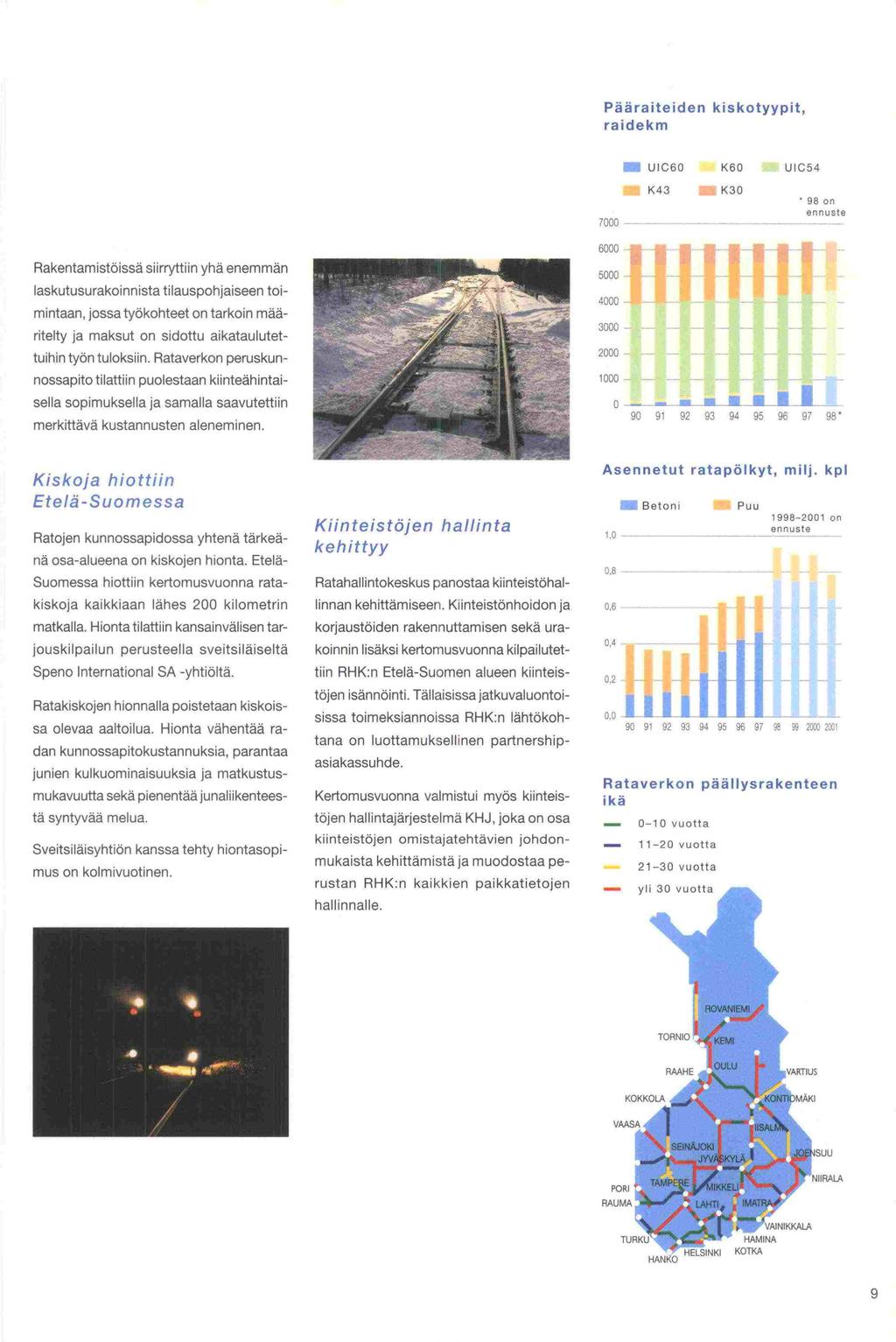 -tä -mus 3000 Pääraiteiden kiskotyypit, raidekm UIC6O K60 U1054 7000 K43 K30 98 on ennuste Rakentamistöissä siirryttiin yhä enemmän laskutusurakoinnista tilauspohjaiseen toimintaan, jossa työkohteet