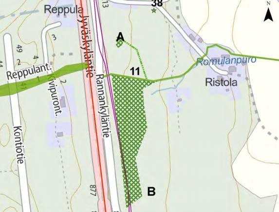 8 lailla luonnonmuistomerkiksi rauhoitettu kohde, kataja on osoitettu luontoselvityksen karttaotteessa numerolla 38 (kuva alla). Kuva. Romulanpuron luontokohde. (Ramboll, 2016) Kuva.