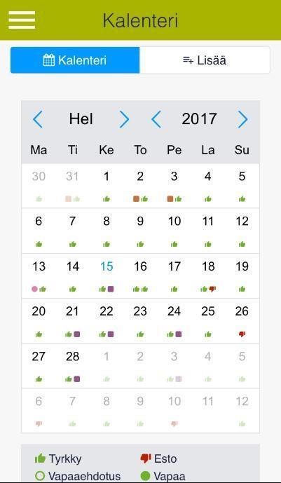 Kalenteri Kalenteri-sivulla pidät kalenterisi ajan tasalla sekä lähetät vapaa- ja lomaehdotuksia.