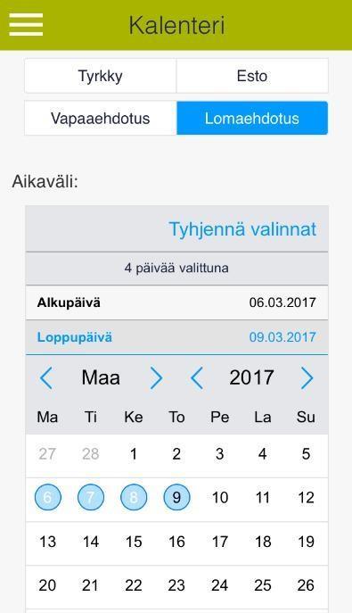 Paina Lomaehdotus ja valitse kalenterista alkupäivä ja loppupäivä.