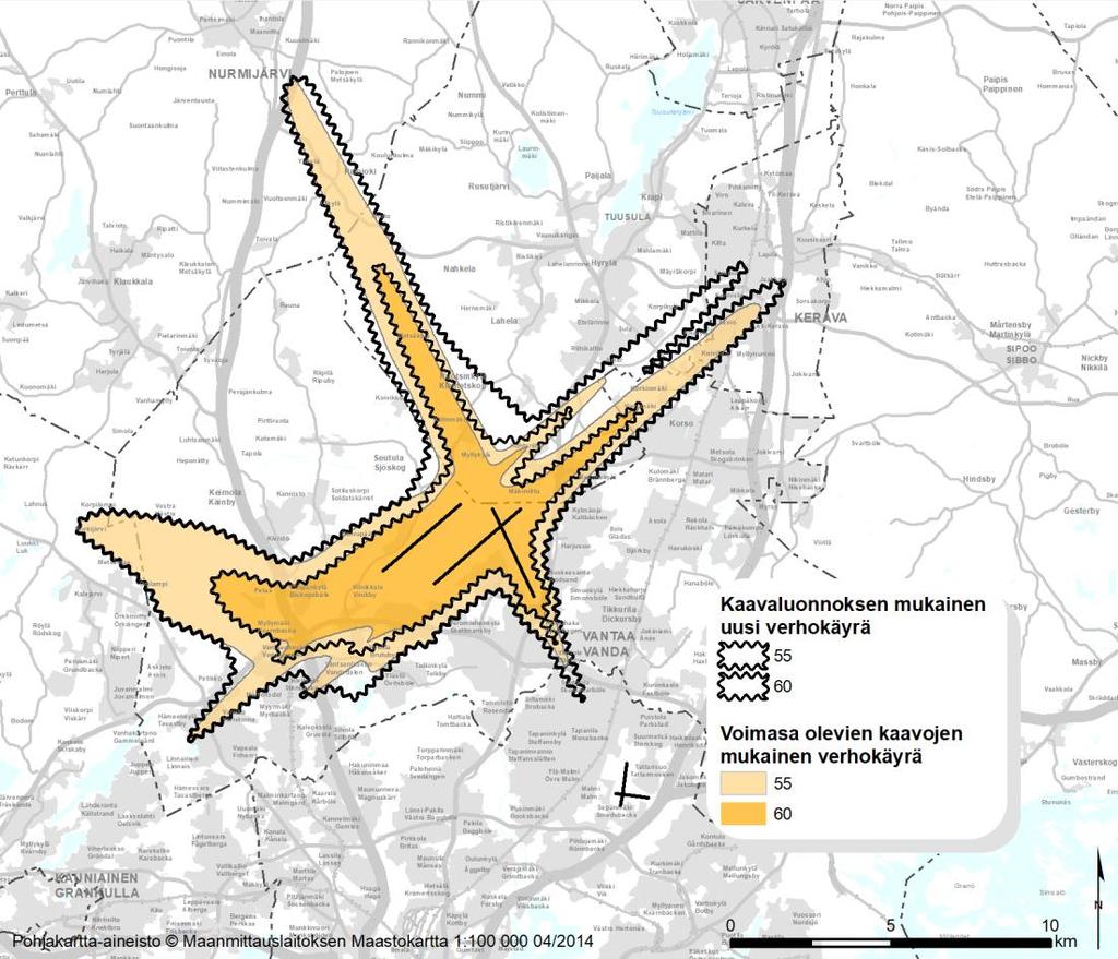 Kuva 27. Helsinki-Vantaan lentoaseman lentokonemelualue voimassa olevissa maakuntakaavoissa ( vanha verhokäyrä ) sekä Uusimaa-kaavan luonnoksessa ( uusi verhokäyrä ).