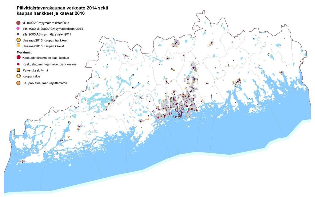 Kuva 15. Uudenmaan päivittäistavarakaupan verkosto vuonna 2014 sekä kuntien kaupan hankkeet 2016 (Uudenmaan liitto 2018).