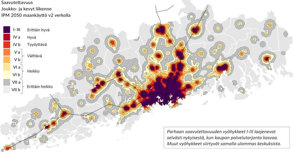 Kuva 16. Kestävän saavutettavuuden vyöhykkeet Uudellamaalla vuonna 2050 (Vähittäiskaupan saavutettavuus Uudellamaalla 2018). Kaupan palveluverkko on osa alue- ja yhdyskuntarakennetta.