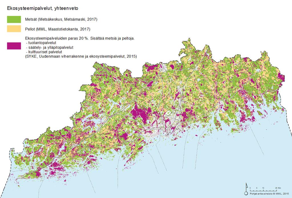 Kuva 23. Uudenmaan maankäyttö ja ekosysteemipalveluiden parhaat alueet. (Uudenmaan viherrakenne ja ekosysteemipalvelut.