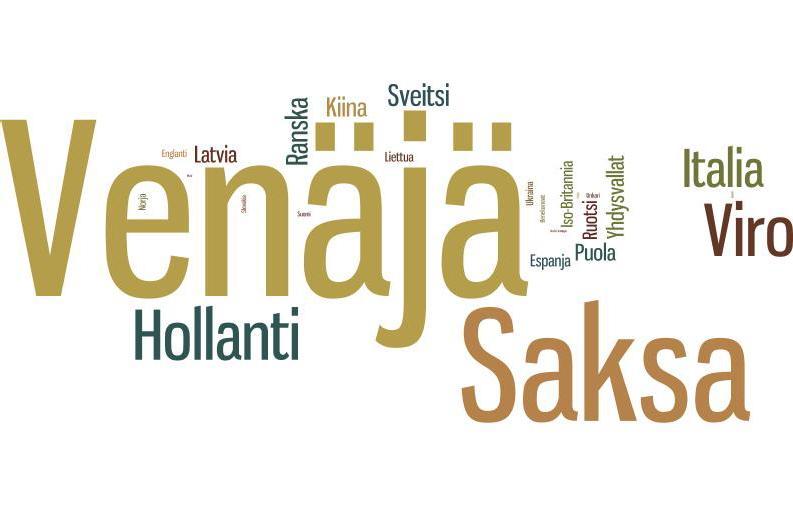 Kuva 51. 2-tyypin kalastusmatkailuyritysten (n=55) asiakkaiden keskeisimmät kotimaat. Mitä suuremmalla maa on kirjoitettu, sen suurempi on sen asiakkaiden suhteellinen merkitys.