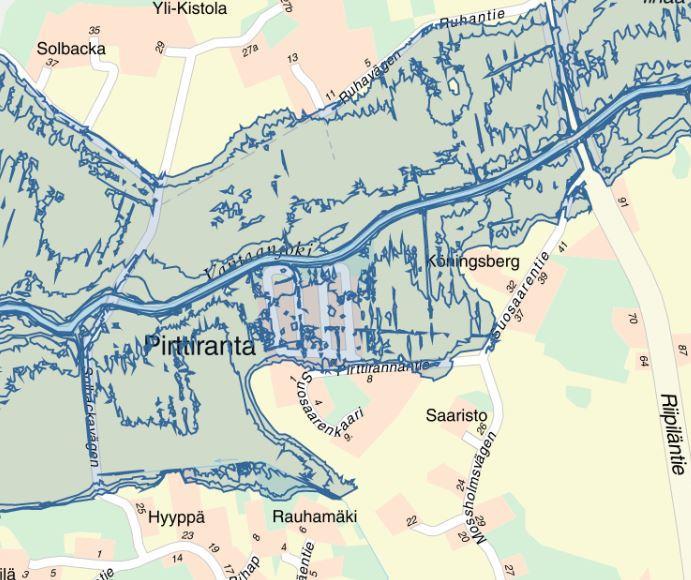 fi) Tulvavaarakartassa vasemmalla on osoitettu Tilastollisesti kerran 250 vuodessa toistuva tulva. Pirttirannan sijainti on osoitettu punaisella ympyrällä. (kartta.vantaa.