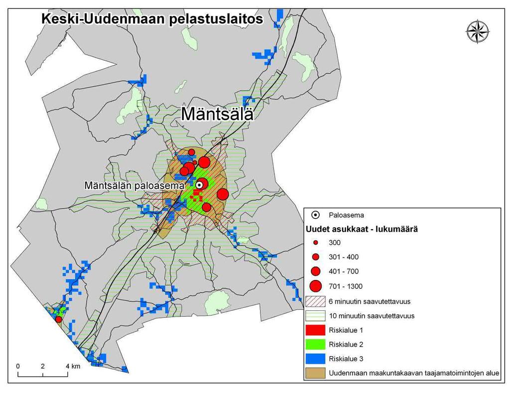 Kuva 35. Mäntsälän riskiluokitus sekä Uudenmaan maakuntakaavan taajamatoimintojen alueet, uudet asuinalueet ja arvioitu asukasmäärä (lähde: Uudenmaan liitto 2007). Taulukko 19.