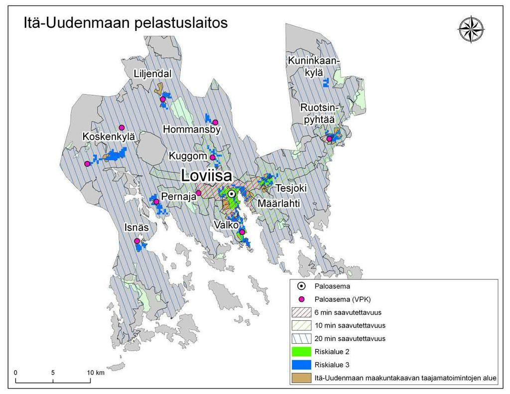 Kuva 50. Loviisan riskiluokitus, saavutettavuus ja Itä-Uudenmaan maakuntakaavan taajamatoimintoihin varatut alueet noin 25 30 vuodeksi eteenpäin. 5.9.