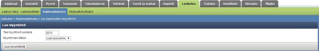 Laskutuserät eli myynnit luodaan koko sopimuskannalle vuodeksi kerrallaan valinnalla Laskutus Sopimuslaskutus Luo sopimusten myyntirivit.
