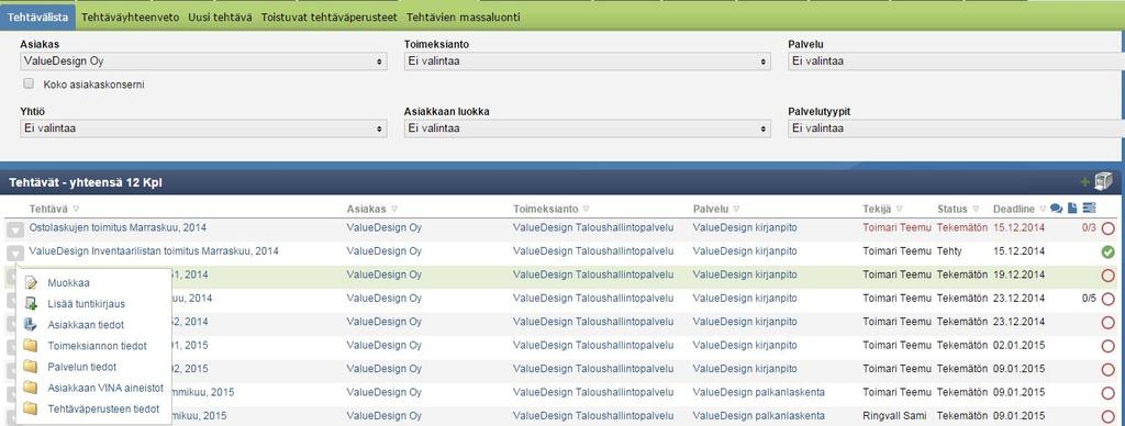 ValueFrame avaa tuntien syöttötoiminnon uuteen välilehteen Oikea palvelu ja tehtävä ovat valmiiksi valittuna.