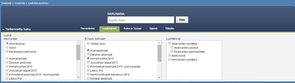 Alla olevassa esimerkissä liitetään asiakkaita luokkaan Hinnankorotus 2015. Välilehdellä perustiedot valitsen hakevani Asiakkaista enkä liitä kontakteja luokkaan. Asiakasstatukseksi rajaan aktiivinen.