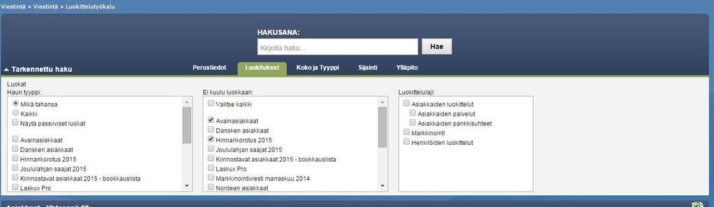 Tämän jälkeen ohjelma avaa näkymän, jossa listataan ne asiakkaat, jotka kuuluvat luokkaan Hinnankorotus 2015.