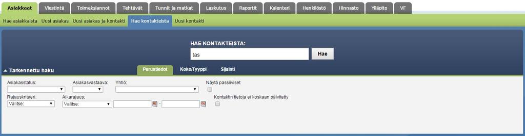 Kontakteja eli asiakkaan yhteyshenkilöitä voidaan hakea päävalikon kohdasta Asiakkaat Hae kontakteista.