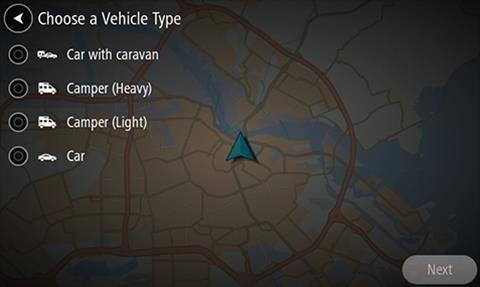 2. Valitse Ajoneuvon tyyppi ja sitten Asuntoauto (painava/kevyt) tai Asuntovaunua vetävä auto. Tärkeää: Ajoneuvotyyppien Asuntoauto (painava) ja Asuntoauto (kevyt) suurin ero on niiden kokonaispaino.