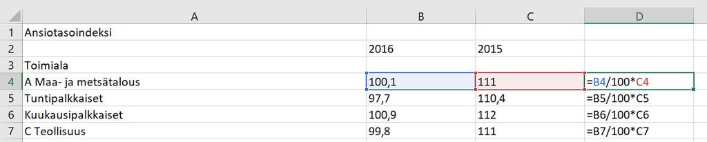 442B. a) Jotta voidaan verrata ansiotulokehitystä vuodesta 2012 vuoteen 2016, on vuoden 2016 indeksin pisteluvut muutettava niin, että perusvuodeksi tulee sama kuin muiden vuosien indekseissä eli