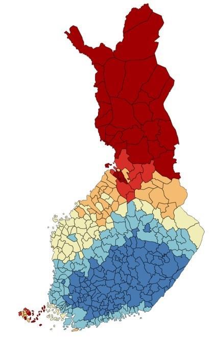 Metsälahjavähennyksen hyödyntämiseen tarvittava metsämaan pinta-ala ja vähennyspohjan suuruus Oheiselle Suomen kartalle on haarukoitu, mitä suuruusluokkaa lahjaan sisältyvän kuntakohtaisen metsämaan