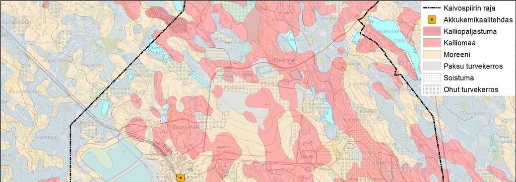 Ympäristövaikutusten arviointiohjelma 41 4.3 Luonnonympäristö 4.3.1 Maa- ja kallioperä Kaivospiirin alueella maapeite on korkeilla maastonkohdilla moreenia ja alavilla suoalueilla turvetta.