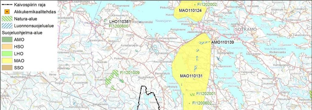 Ympäristövaikutusten arviointiohjelma 47 Kaivospiirin alueella ei ole Natura-verkostoon kuuluvia alueita tai muita luonnonsuojelualueita (Kuva 4-11).