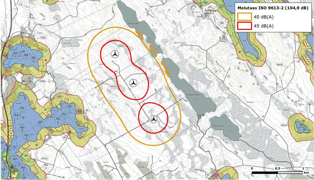 MRL 137 :n mukainen vaikutustarkastelu 6/32 Kuva 2 Meluvaikutus (N149) suhteessa Keiteleen itäpuolen rantayleiskaavaan Kuva 3 Meluvaikutus (V 150) suhteessa Keiteleen itäpuolen rantayleiskaavaan