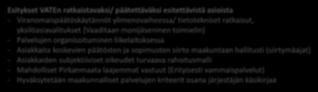 lääkäripalvelut) - Substanssiryhmien integraatio liikelaitos- ja muuhun valmisteluun Esitykset VATEn ratkaistavaksi/ päätettäväksi esitettävistä asioista - Viranomaispäätöskäytännöt ylimenovaiheessa/