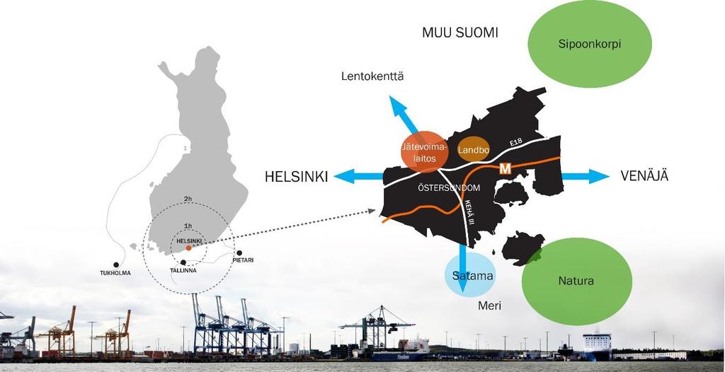 Kuva 7. Östersundomin sijainti kartalla (kuva: Ramboll) Pääosa alueesta on Helsingin kaupungin aluetta.