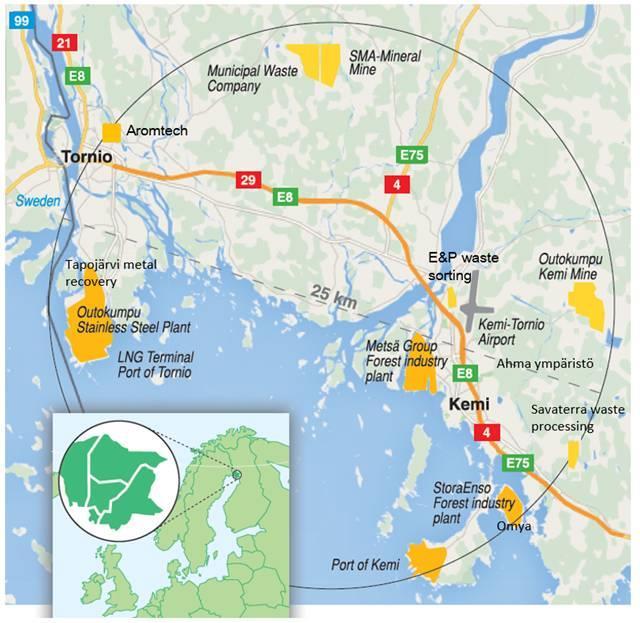 Kuva 9. Kemi-Tornion arktisen teollisuuden ja klusterin sijainti Kyseessä on siis laaja alue, jonka omistuksessa on paljon eri malleja. Taustalla on vahva teollinen keskittymä.