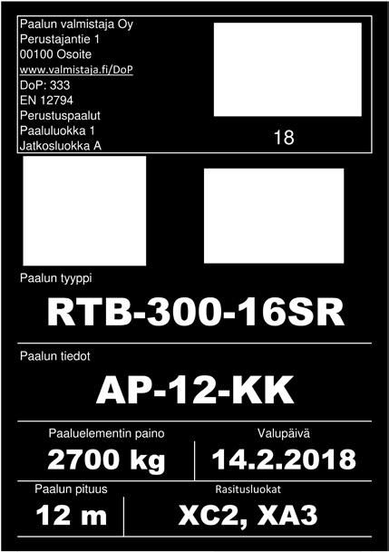RTB-300-16SR, jossa RTB on RT Betonipaalun tyyppi (RTB, RTC), kirjaintunnus B tai C osoittaa paalun kantavuusluokkaa 300 on paalun poikittaismitta (250 mm, 300 mm, 350 mm)