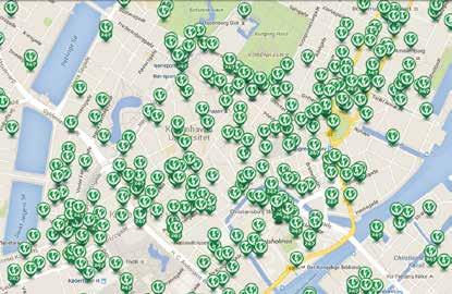 Kuva 1: Esimerkiksi Kööpenhaminassa on panostettu neuvovien defibrillaattoreiden saatavuuteen. Kuvakaappaus TrygFondenin verkkosivuilta (www.hjertestarter. dk).